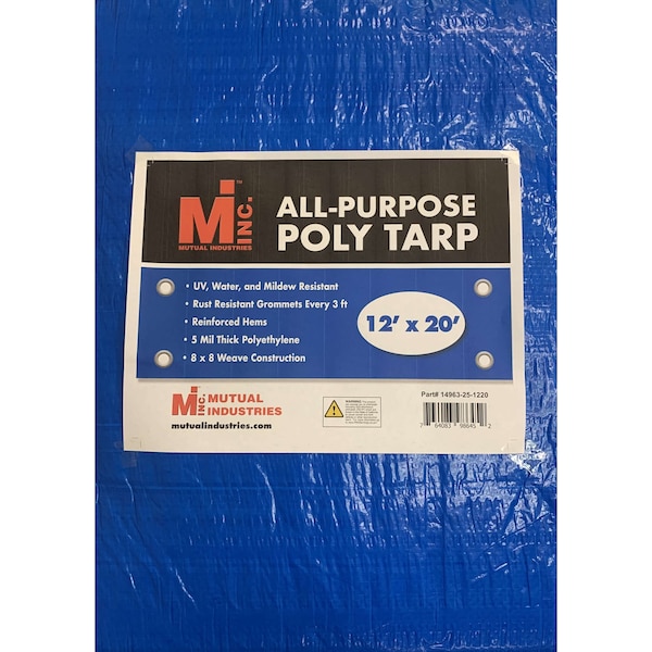 Tarp, 12 ft x 20 ft, 5 Mil, Blue, Polyethylene, UV Resistant, Mildew Resistant